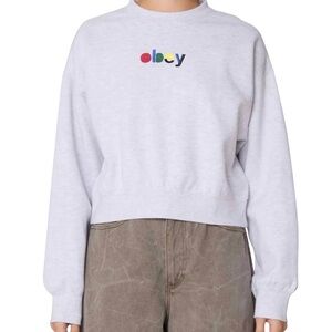 Obey Women’s Blocks Cropped Grey Embroidered Crewneck Sweatshirt Size Small